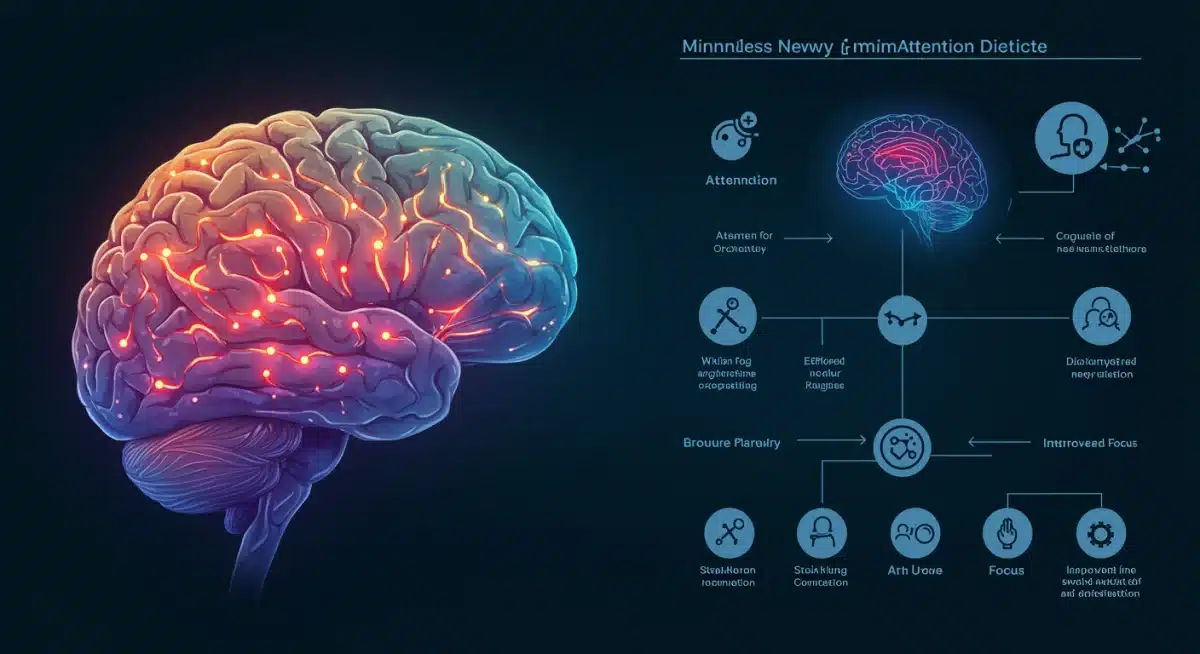 Infographic showing improved brain activity and reduced distractions through mindfulness.