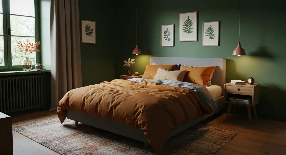 Peaceful green bedroom designed for relaxation and rest.