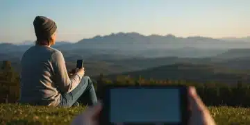 Person enjoying nature during a digital detox, phone blurred in foreground