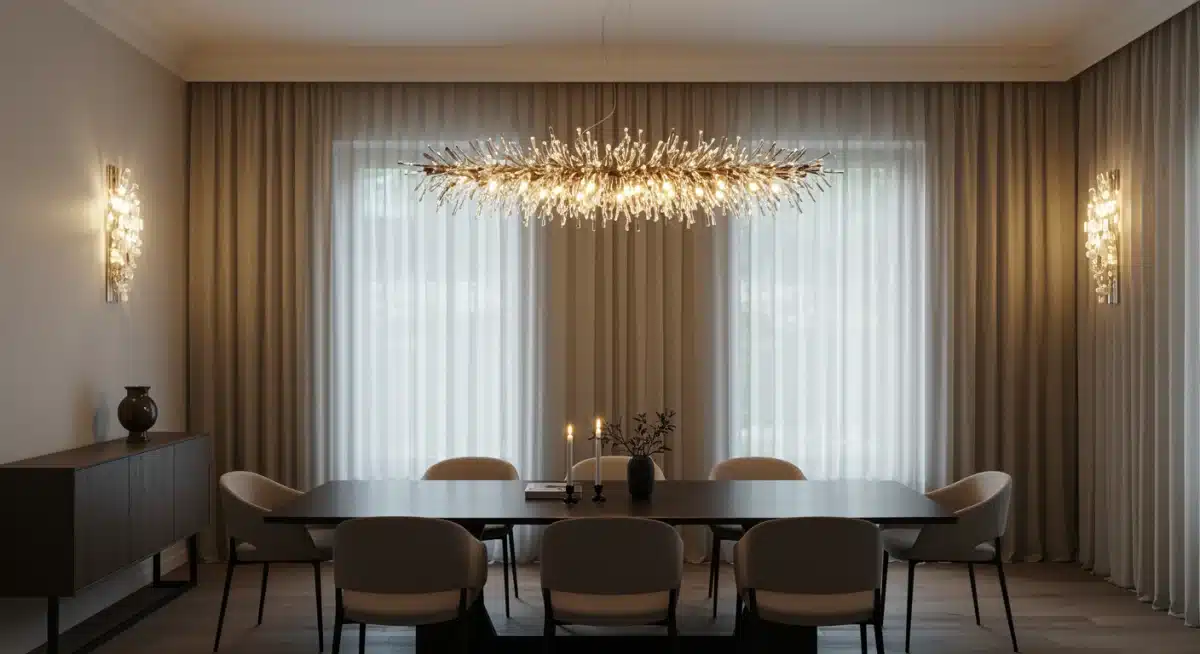Elegant dining room with a statement chandelier and ambient lighting.