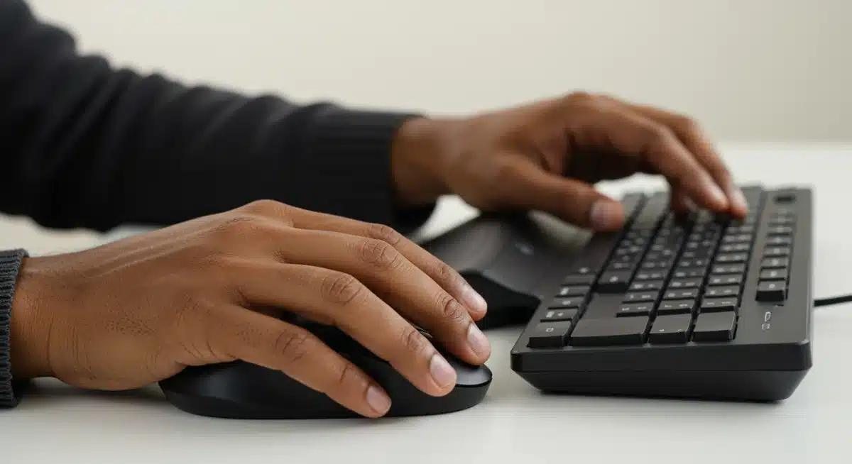 Hands on ergonomic keyboard and mouse with correct posture