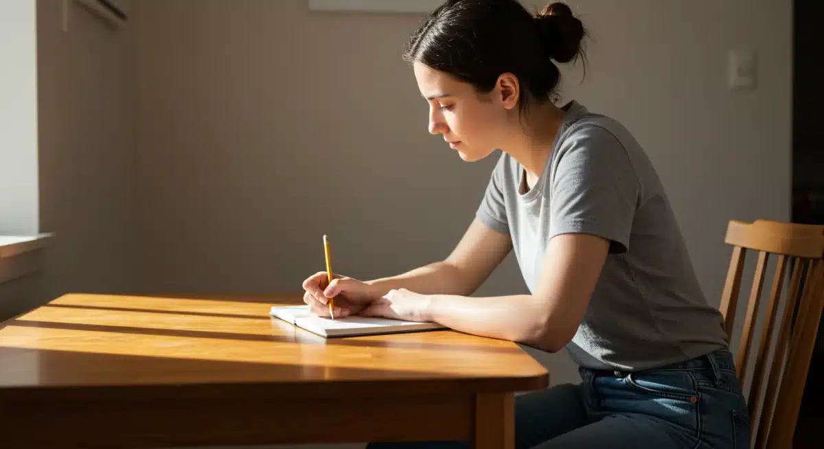 Individual engaged in focused journaling, showcasing practical mindfulness application.