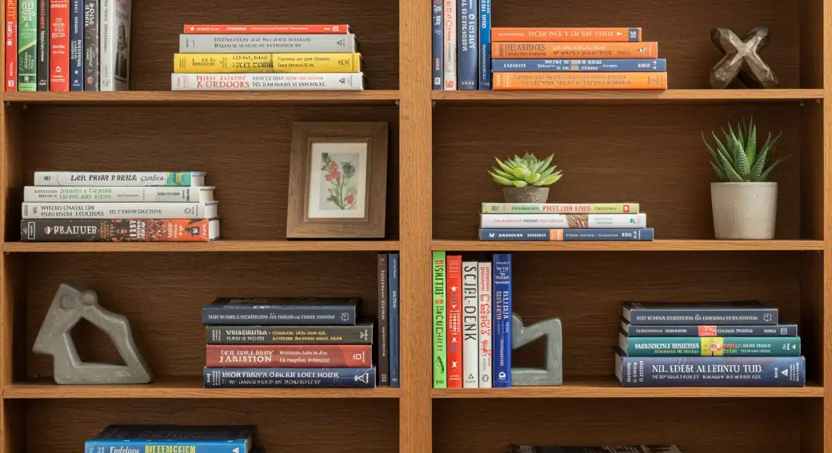 Organized bookshelf with curated book collection and decor