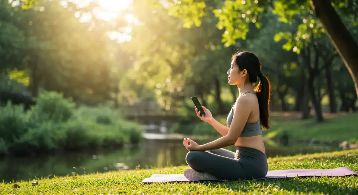 Person practicing deep breathing outdoors with a mindfulness app on their phone.