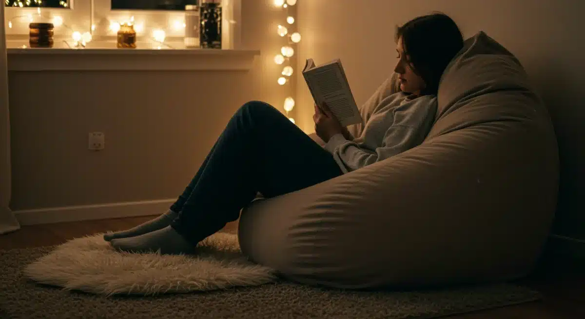 Person reading in a plush bean bag chair with soft lighting