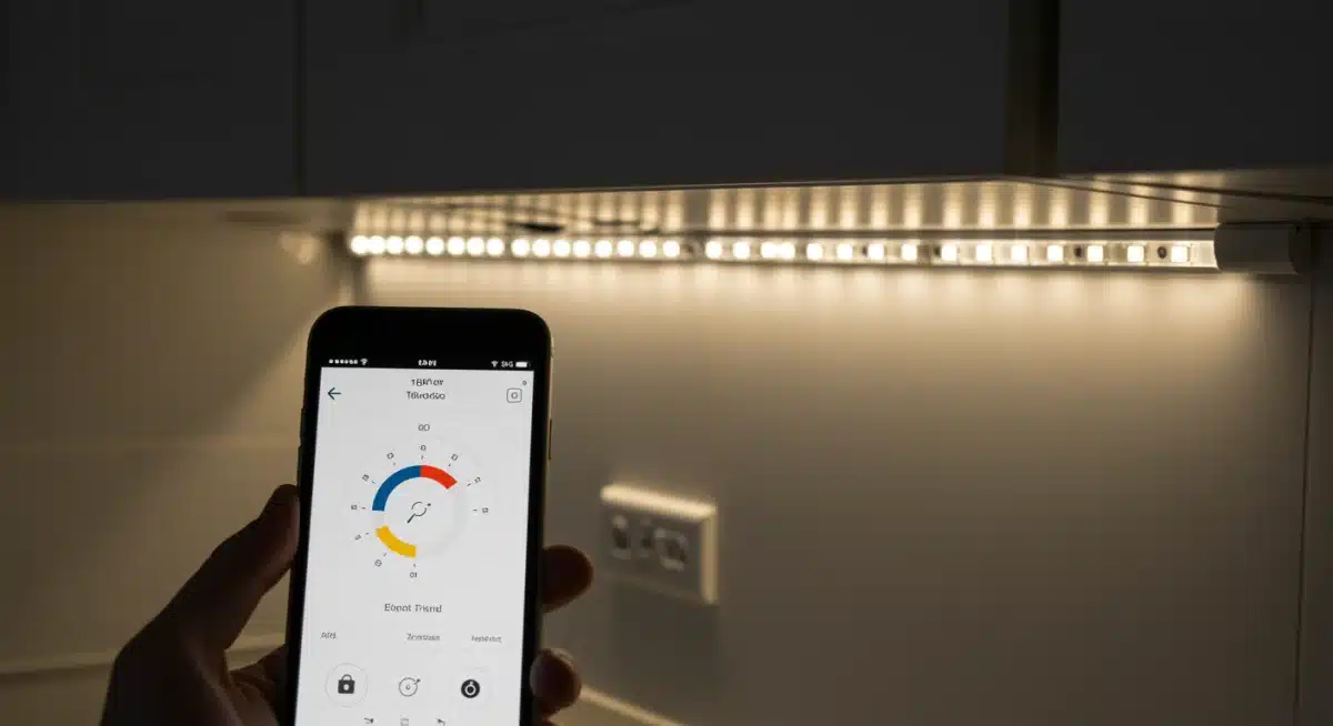 Smart LED strip lights illuminating a modern kitchen countertop.