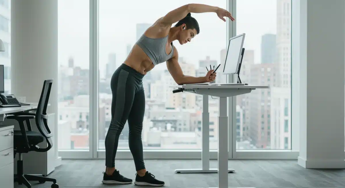 Person stretching at an adjustable standing desk