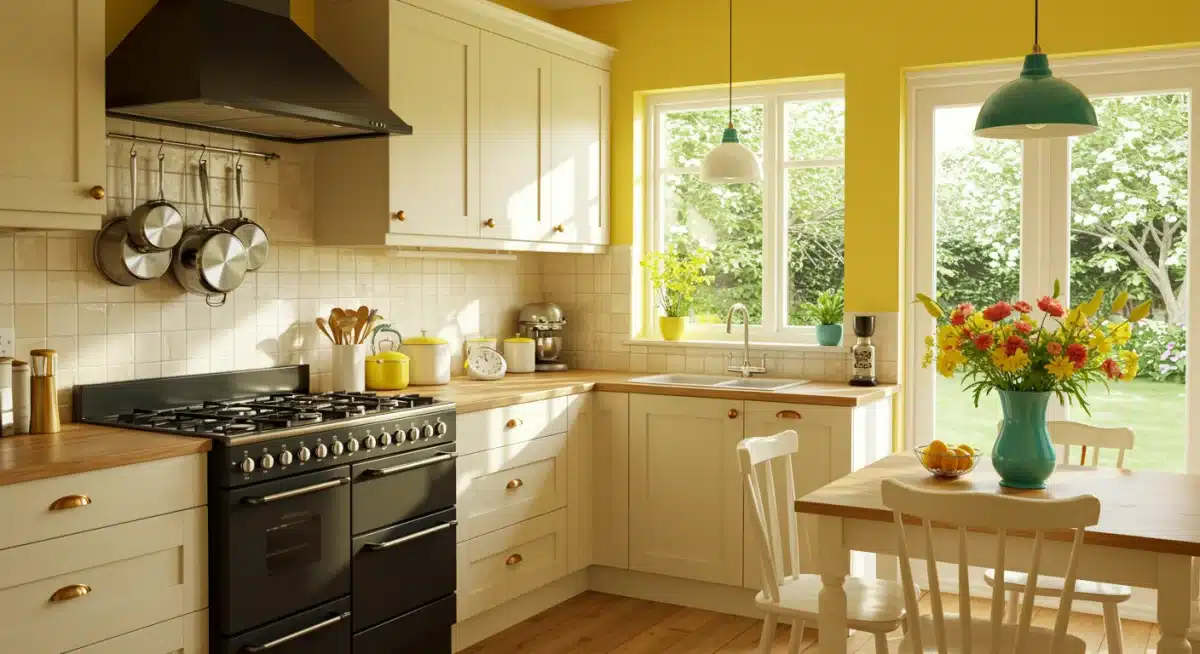 Bright yellow kitchen promoting energy and happiness.