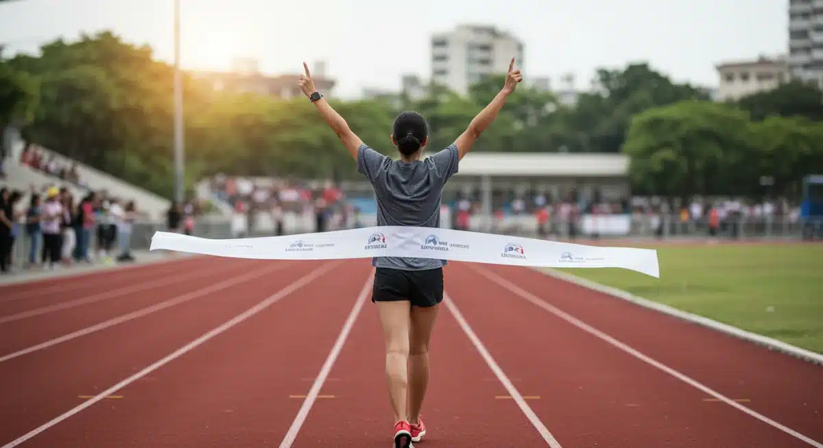 Person crossing finish line, celebrating achievement through self-discipline.