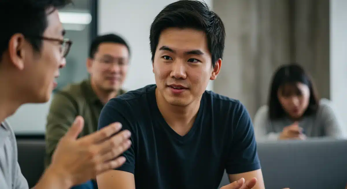 Individual actively listening to a speaker, showing engaged body language and attentiveness.