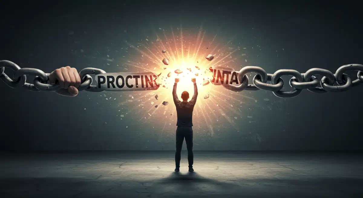 Symbolic image of breaking the chains of procrastination with determination.