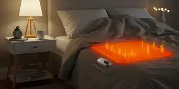 Person relaxing under a warm heated blanket in a cozy bedroom setting