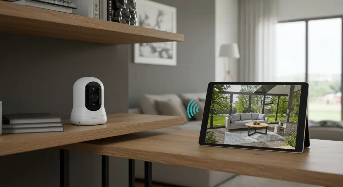 Indoor smart security camera monitoring a cozy living room