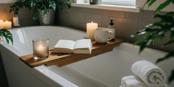 Luxurious home spa setup with candles, plants, and bath caddy
