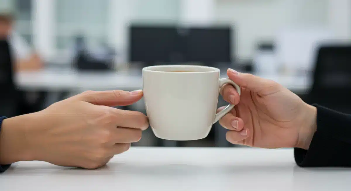 Hands holding a warm drink, symbolizing a mindful break at work.