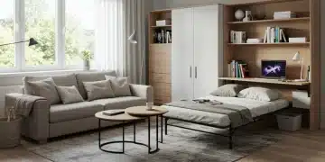 Modern living room with space-saving furniture, including a sofa bed and nesting tables, maximizing comfort and functionality in a small area.