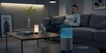 Modern living room with a smart speaker, illustrating a voice-activated home setup for comfort and convenience.