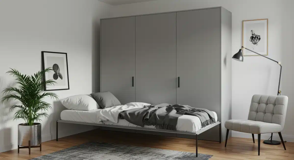 Murphy bed folded into a wall cabinet, showcasing vertical space utilization in a compact studio apartment.