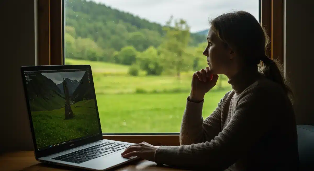 Employee taking a mindful break, looking out window at nature.