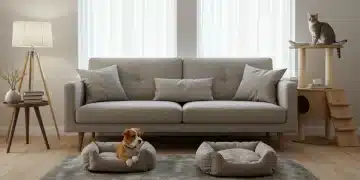 Living room with pet-friendly furniture, dog bed, and cat tree, showcasing stylish and comfortable home design for pets.