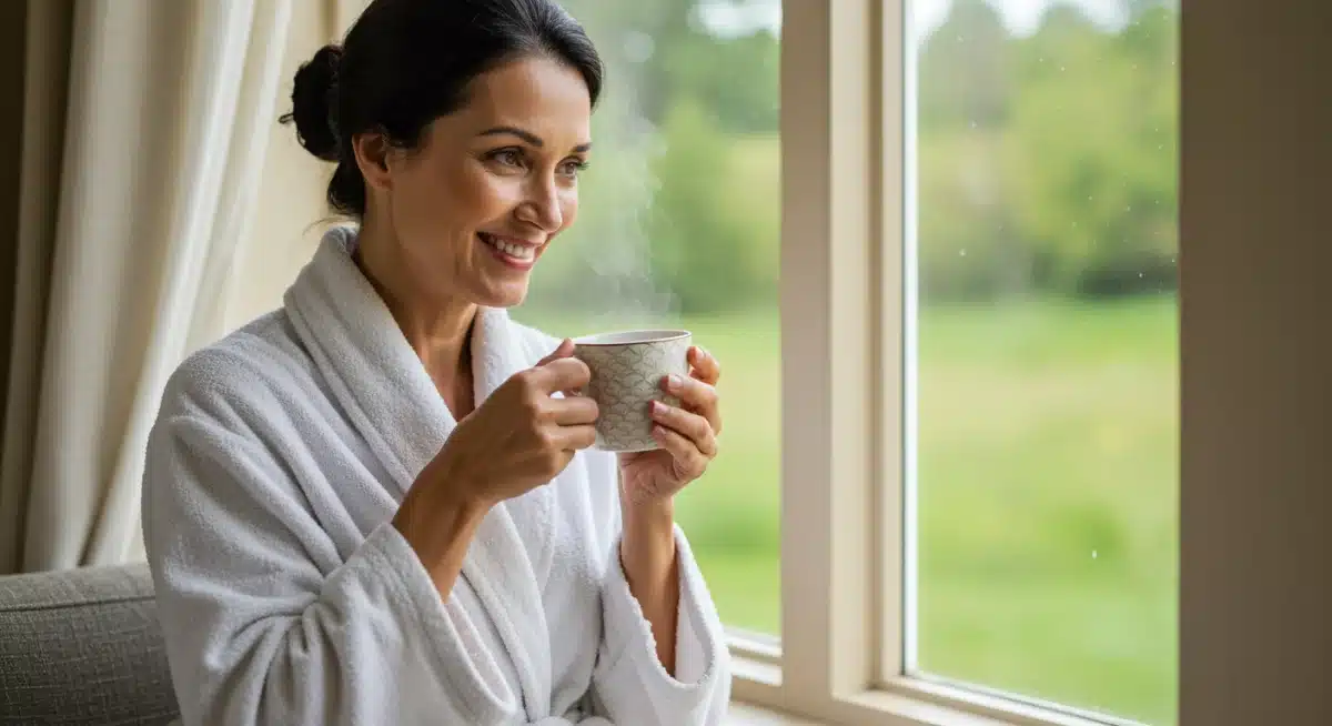 Person enjoying post-bath relaxation in a cozy, absorbent terry cloth bathrobe by a sunlit window.