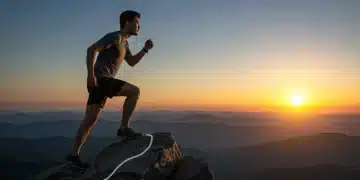 Focused individual climbing a mountain, symbolizing self-discipline and goal achievement.