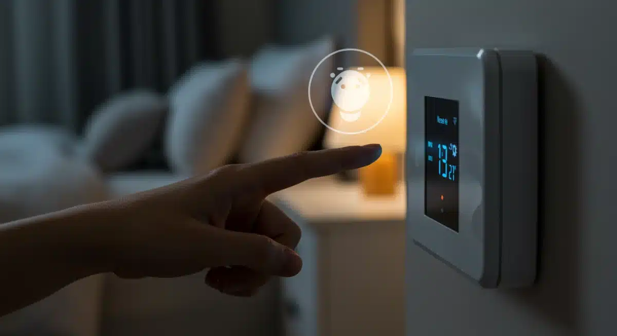 Hand adjusting smart thermostat with voice assistant integration for optimal home climate control.