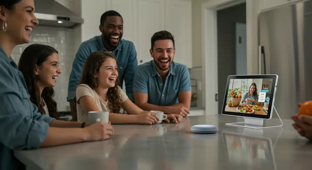 Family enjoying kitchen entertainment and utility via a voice-controlled smart display.