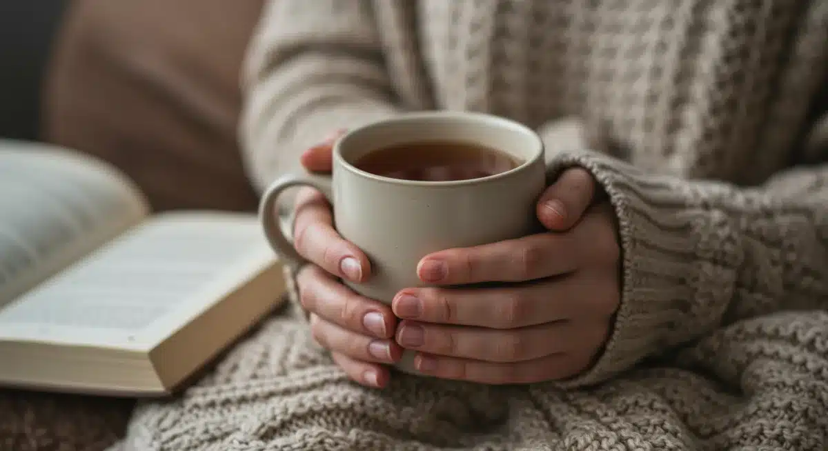 Hands holding a warm mug with a blanket and book, symbolizing comfort