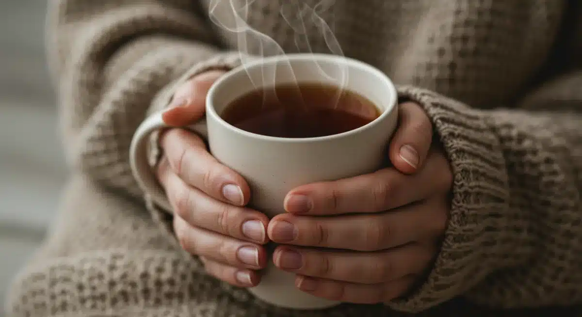 Hands holding a warm mug of tea, symbolizing comfort and a hygge moment.