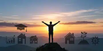 Person achieving goals on mountain top at sunrise