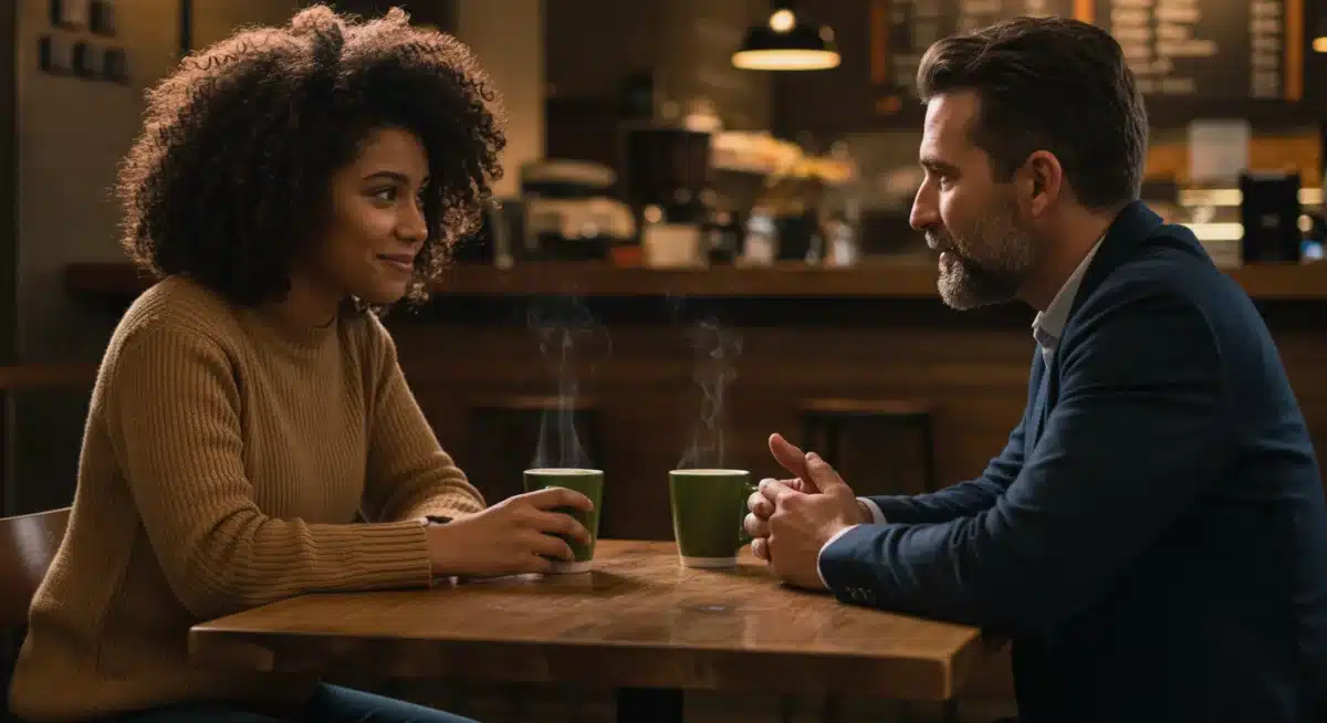 Two individuals engaged in deep, active listening at a coffee shop