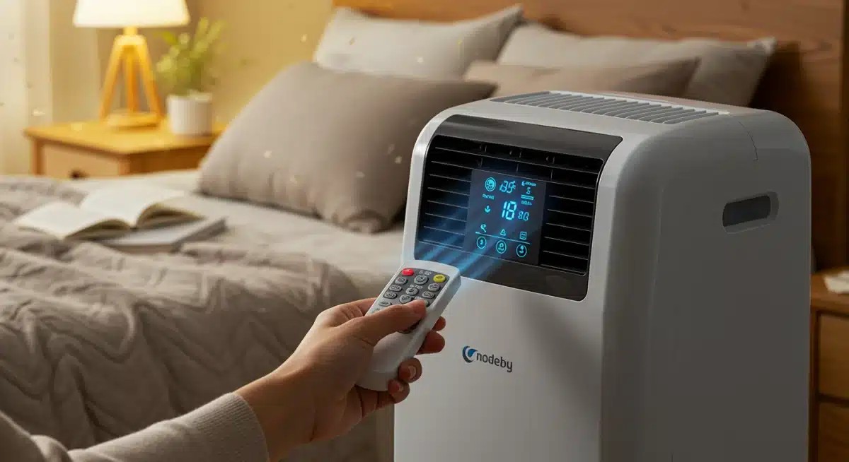 Person adjusting portable air conditioner settings with remote