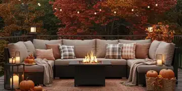 Autumn outdoor living space with fire pit and string lights