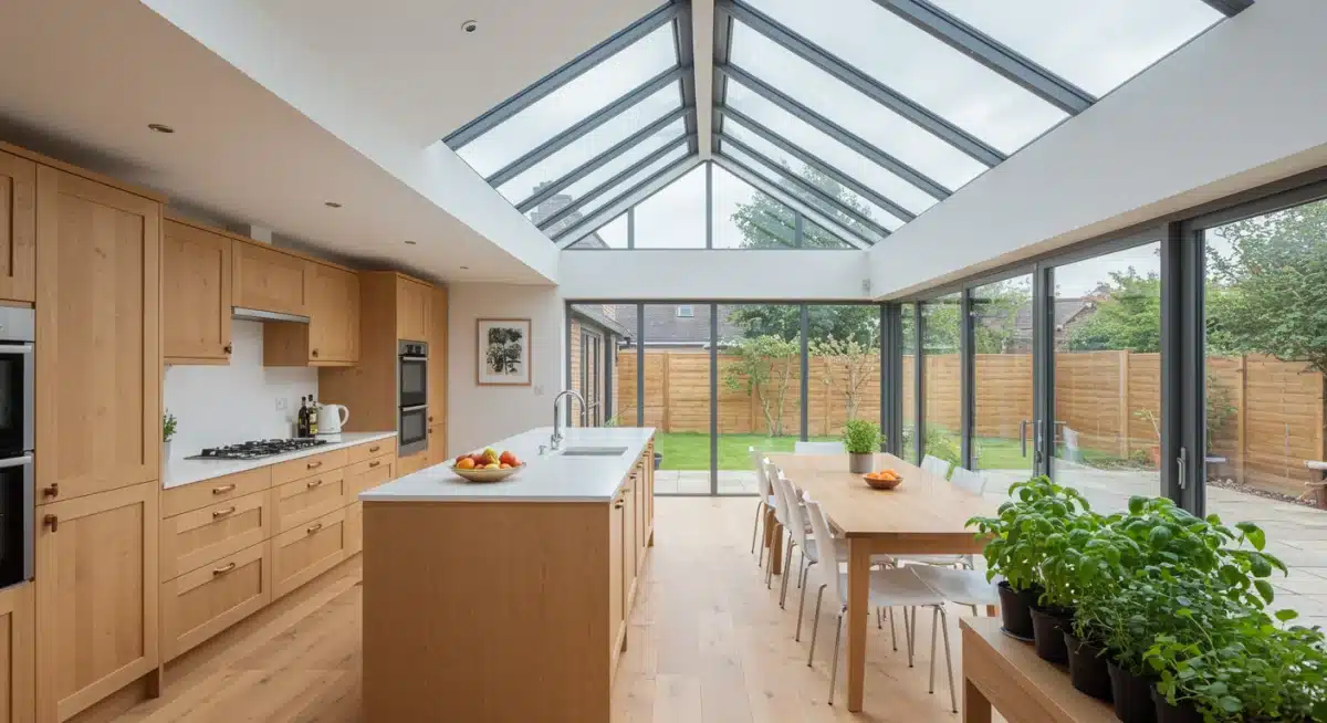 Bright open-plan kitchen with skylights, large windows, and green accents