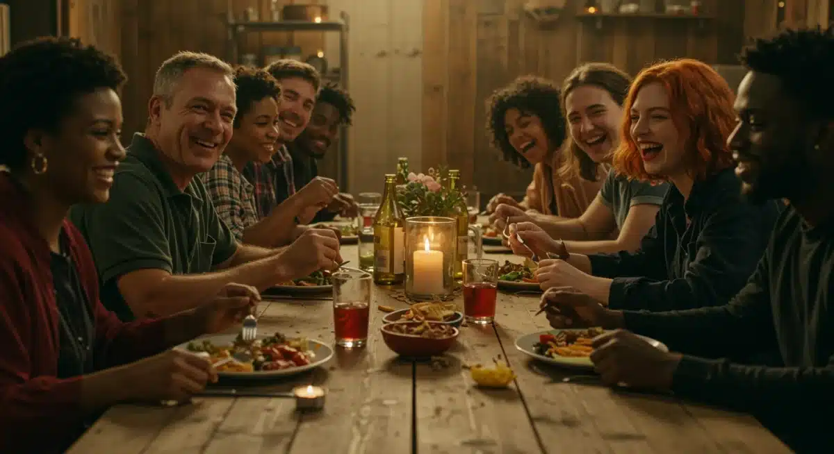 Diverse group of friends sharing a joyful meal, fostering connection.