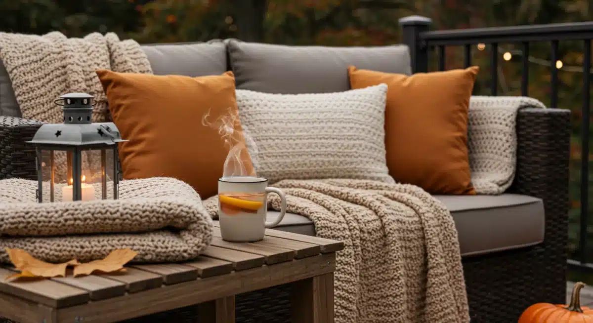 Cozy outdoor sofa with blankets and pillows for fall