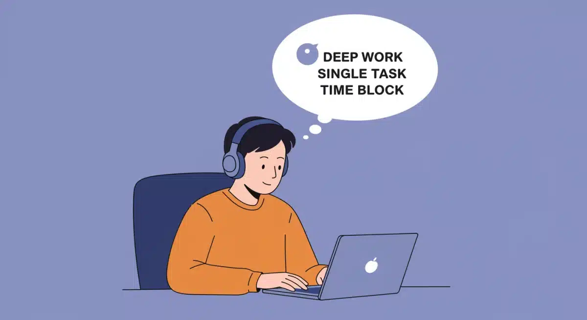 Person in deep work with headphones, illustrating focused time blocking.