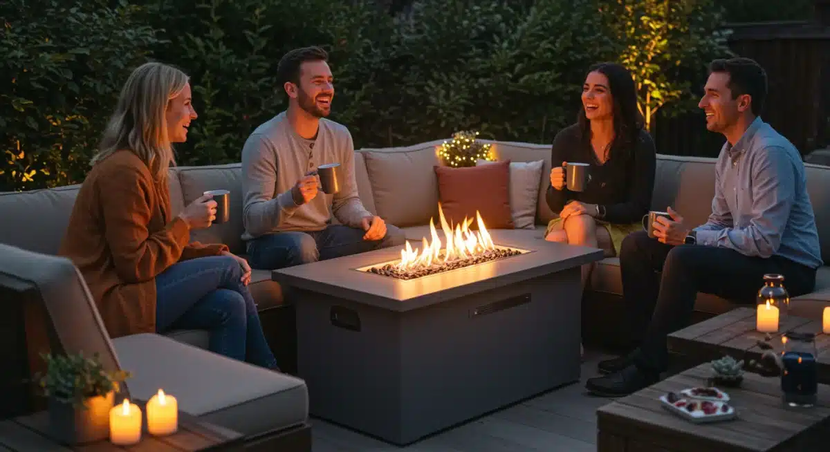 Friends gathered around a modern natural gas fire pit on a patio, enjoying a social evening.
