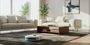 Futuristic robotic vacuum cleaning modern living room in 2026