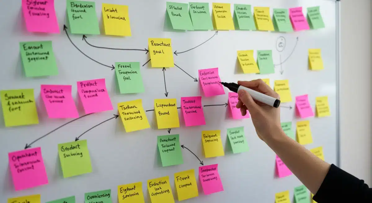 Whiteboard with colorful sticky notes for goal planning