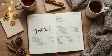 Open gratitude journal with pen, tea, and cozy blanket