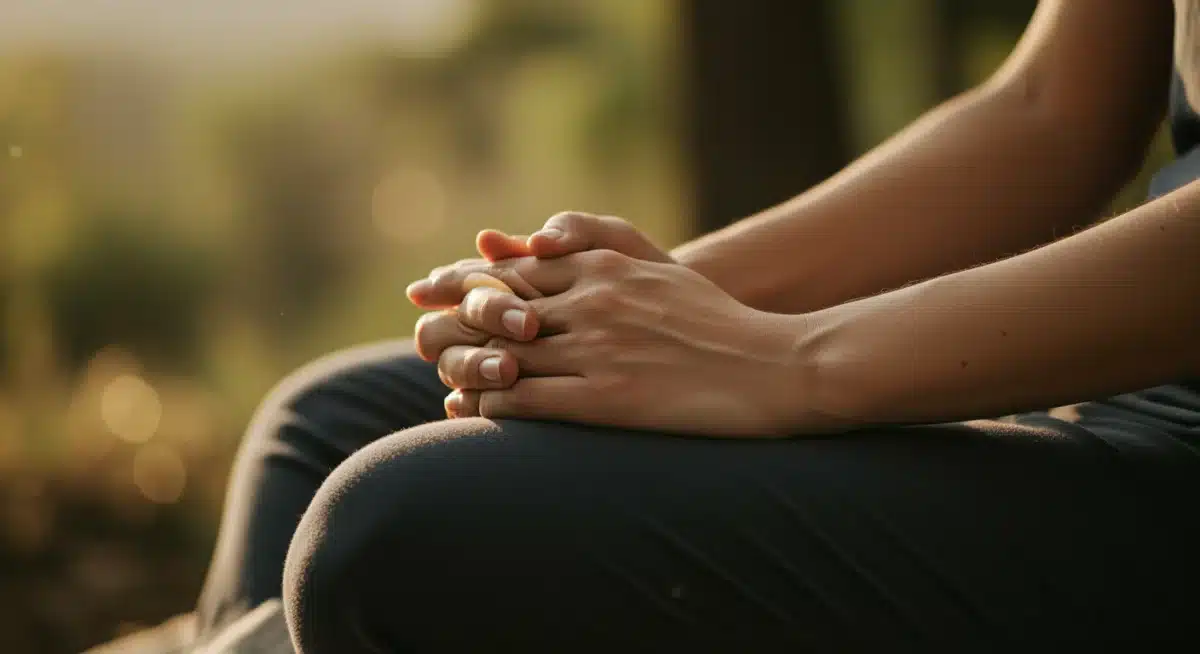 Hands in a contemplative pose, representing groundedness and inner peace from mindfulness practice.