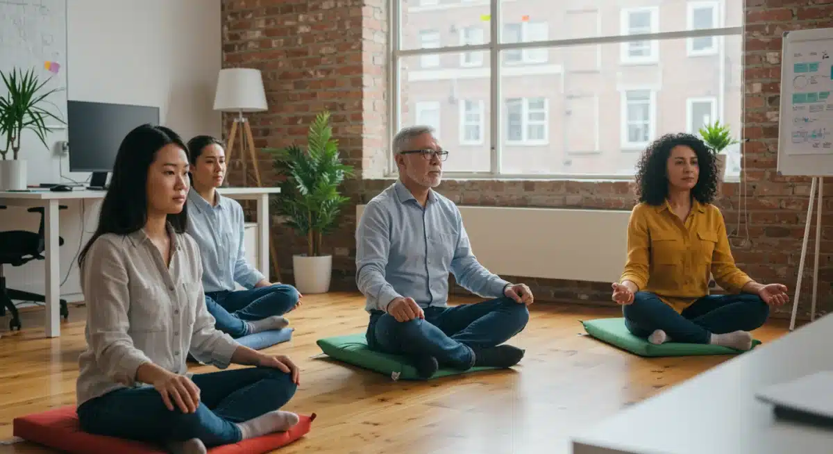 Office colleagues practicing group mindfulness for enhanced focus