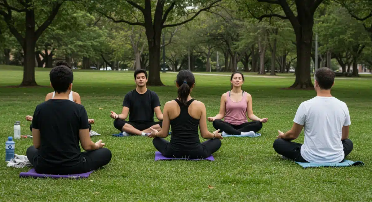 Diverse group practicing guided meditation outdoors for collective well-being