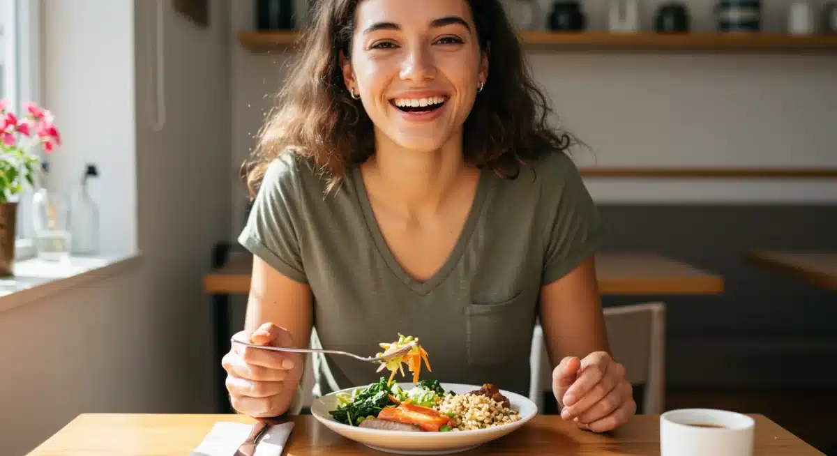 Person eating a balanced, healthy meal for sustained energy