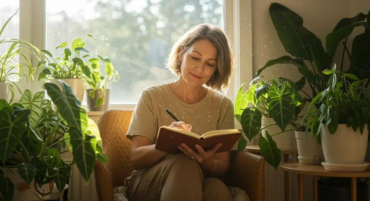 Person journaling in a peaceful, sunlit room with plants, promoting emotional processing