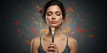 Mindfulness artist meditating with paintbrush, vibrant abstract colors