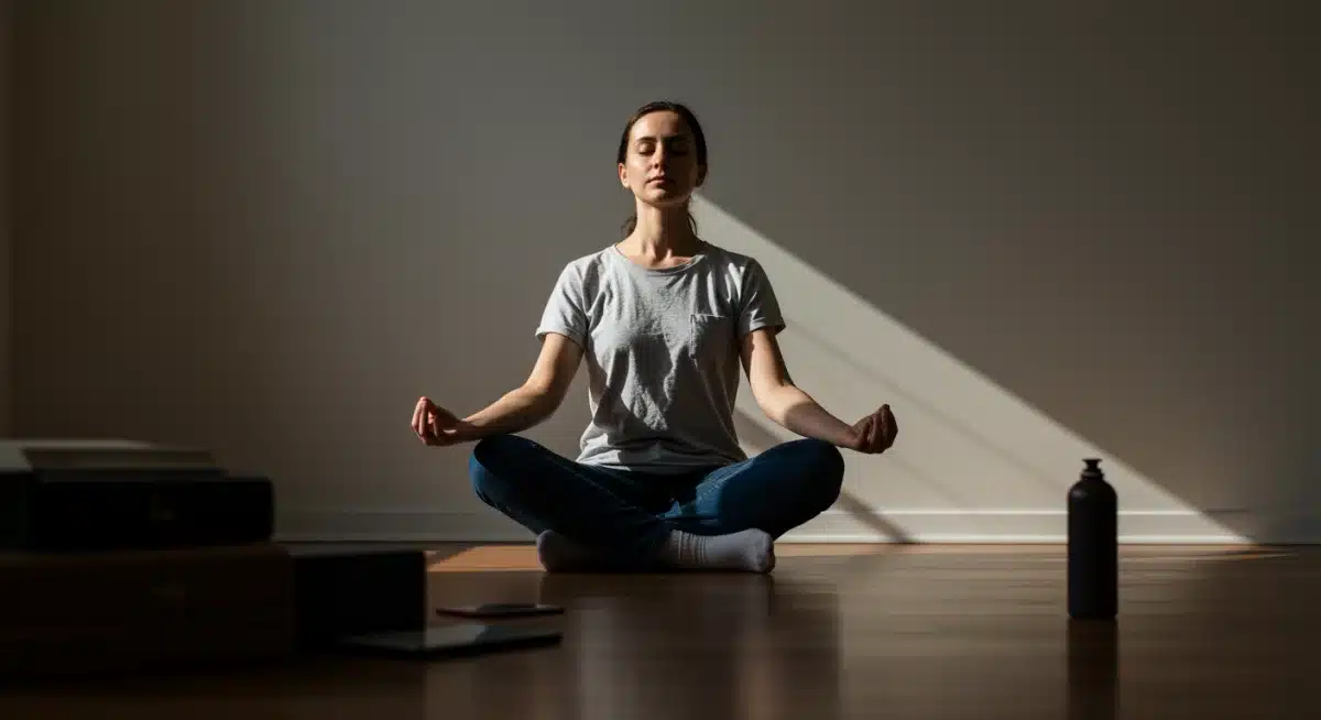 Person taking a mindful break, emphasizing stress reduction and mental clarity in a productive routine.