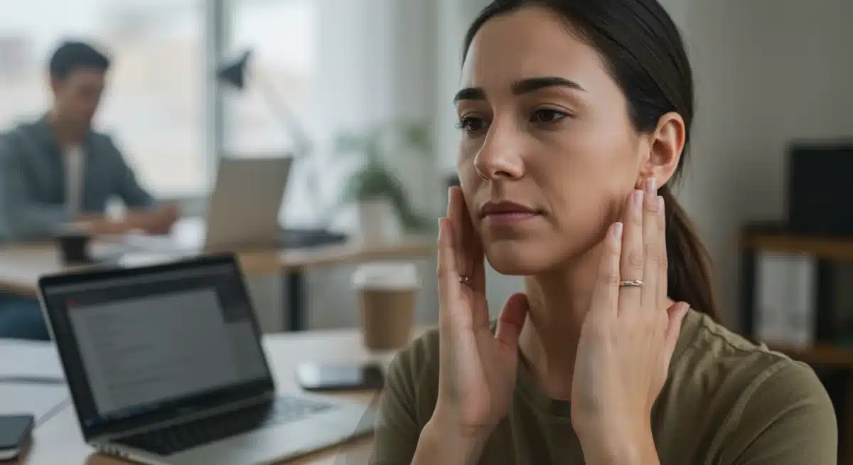 Person practicing mindful breathing at a busy desk